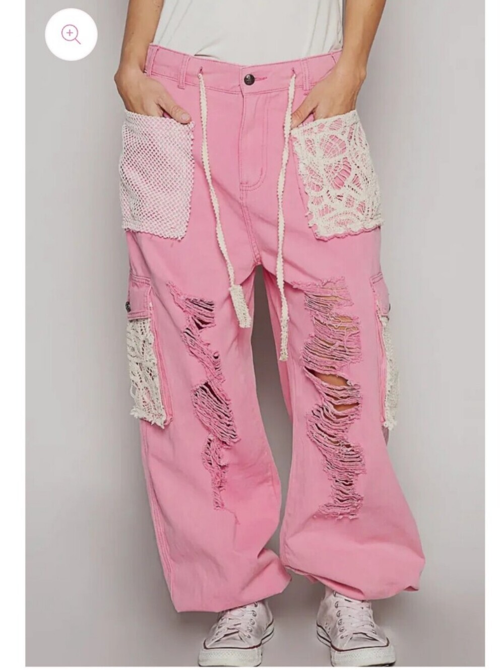 POL New Vintage Wash Crochet Patches Distressed Jogger Pants